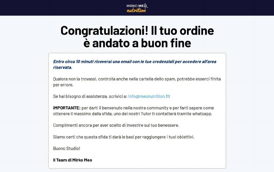 La pagina di ringraziamento